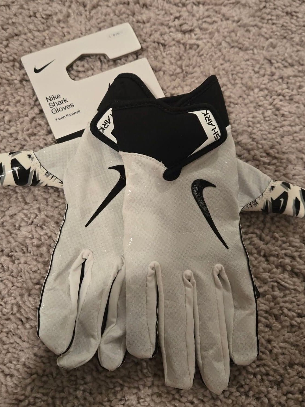 Nike White and Black Youth LARGE Shark Football Gloves